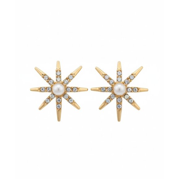 Vintage Gold Starburst Earrings W/ Pearl & Rhinestones Clip-On Costume Jewelry - Picture 1 of 4